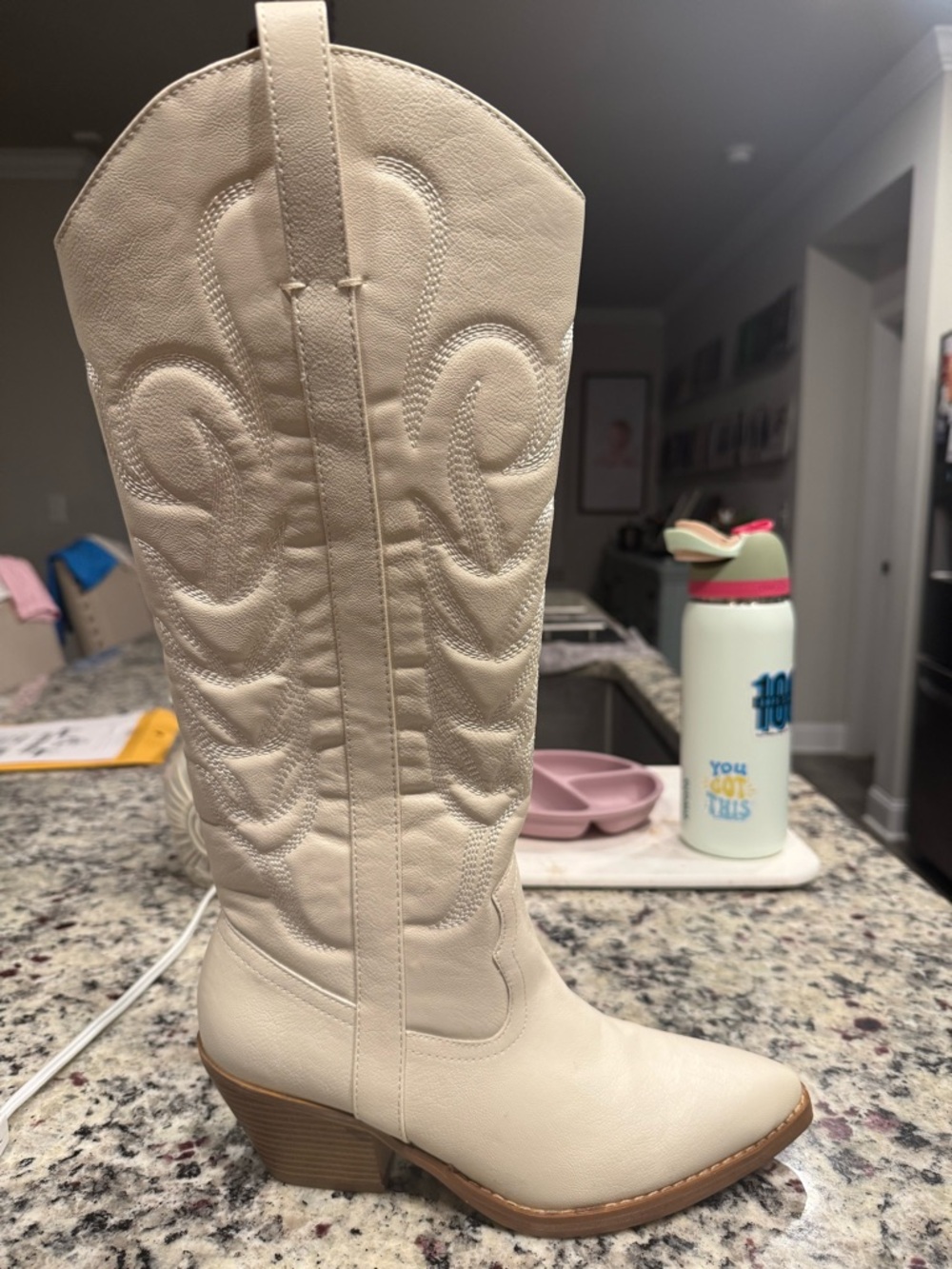 Cream Western Knee-High Cowboy Boots
